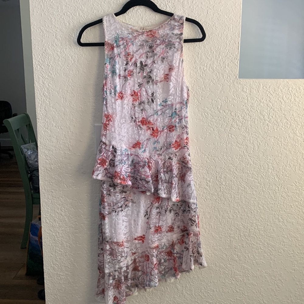BEBE ROMANTIC LACE ASYMMETRIC RUFFLE DRESS - Picture 2 of 7